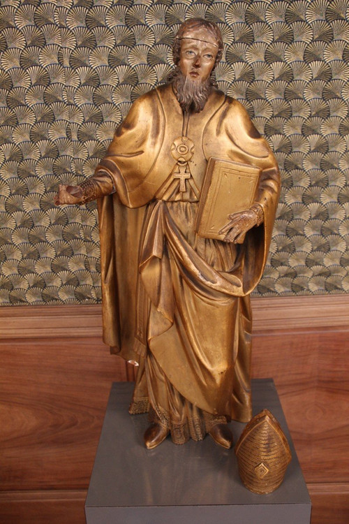 Grande statua in legno dorato del XVIII secolo raffigurante un santo vescovo con baldacchino rimovibile