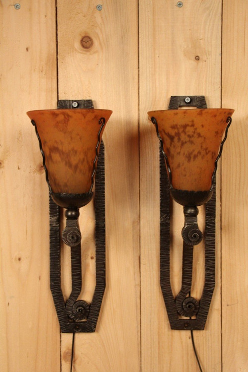 Pair of Art Deco Sconces From Daum And Wrought Iron