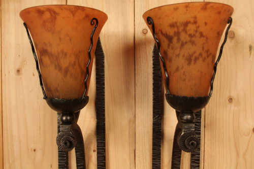 Pair of Art Deco Sconces From Daum And Wrought Iron