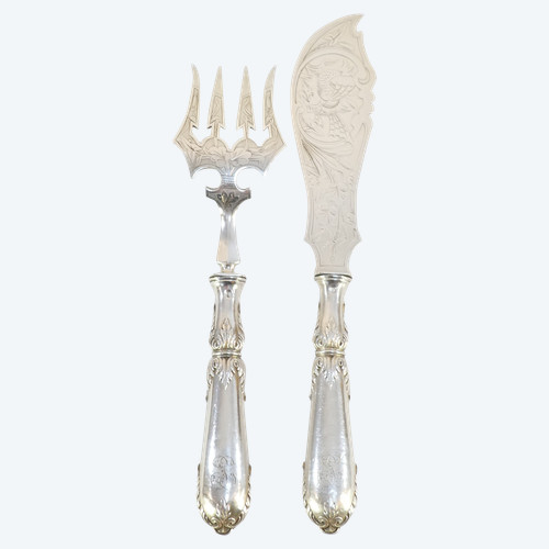 Solid SILVER fish service cutlery 19 eme Victor BOIVIN ( son)