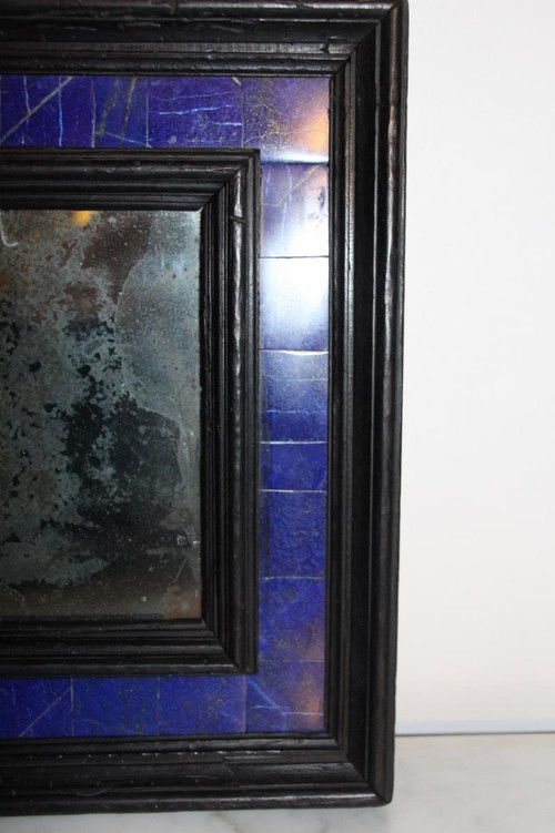 Small Blackened Wooden Mirror In Lapis Lazuli