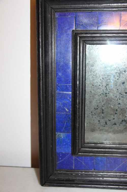 Small Blackened Wooden Mirror In Lapis Lazuli