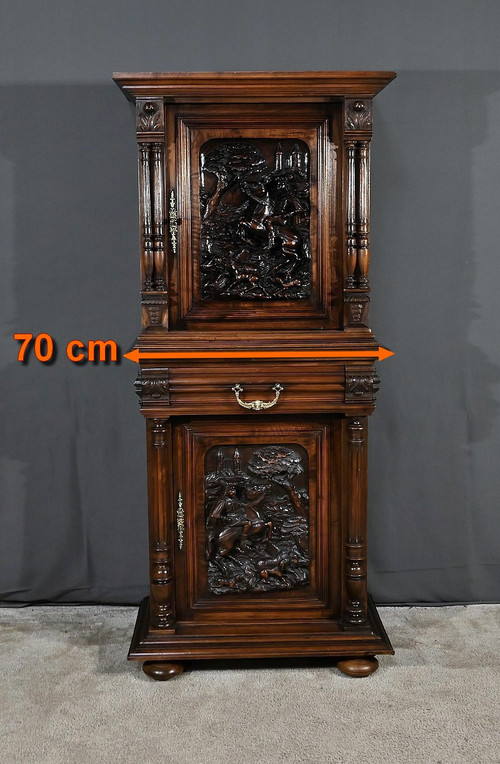 Rare Small Renaissance Cabinet in Solid Walnut - 2nd half 19th century