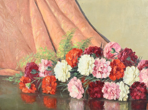 Großes Öl auf Leinwand "Bouquet de Pivoines" von P. Dolzan - 1930