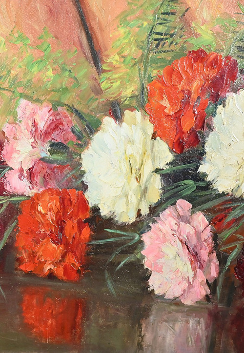 Großes Öl auf Leinwand "Bouquet de Pivoines" von P. Dolzan - 1930