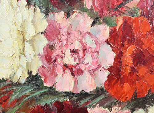 Großes Öl auf Leinwand "Bouquet de Pivoines" von P. Dolzan - 1930