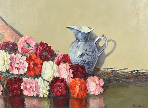 Großes Öl auf Leinwand "Bouquet de Pivoines" von P. Dolzan - 1930