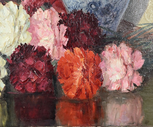 Großes Öl auf Leinwand "Bouquet de Pivoines" von P. Dolzan - 1930