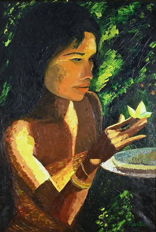 Large oil on canvas "La Tahitienne" signed Morillon - 1985