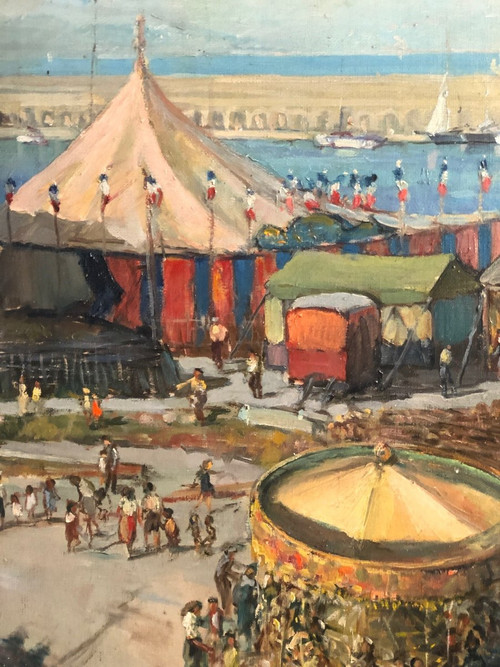 Large oil on panel painting Circus and funfair near the sea signed Sorot 52 (?)