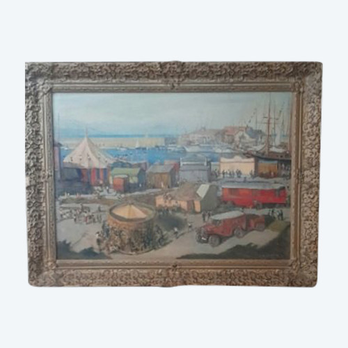 Large oil on panel painting Circus and funfair near the sea signed Sorot 52 (?)