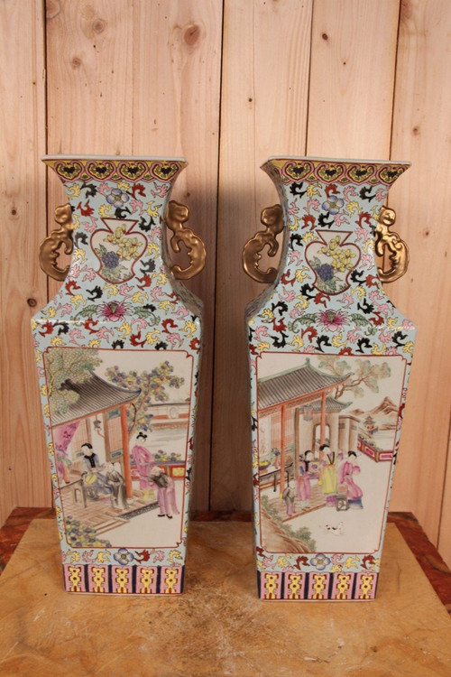 Large Pair Of Late 19th Century Chinese Porcelain Vases ( 62 Cm Height )