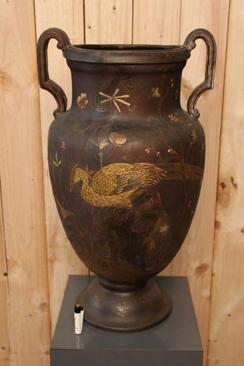 Grand Vase En Terre Cuite De Toul Et Majorelle En Laque Japonisant XIXeme  71 Cm De Hauteur