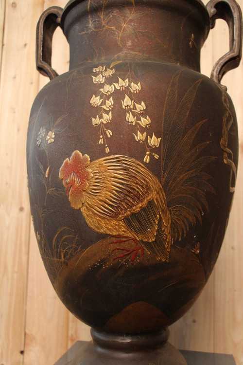 Grand Vase En Terre Cuite De Toul Et Majorelle En Laque Japonisant XIXeme  71 Cm De Hauteur