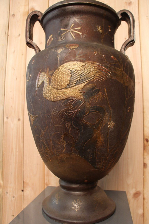 Grand Vase En Terre Cuite De Toul Et Majorelle En Laque Japonisant XIXeme  71 Cm De Hauteur