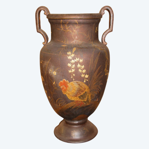 Grand Vase En Terre Cuite De Toul Et Majorelle En Laque Japonisant XIXeme  71 Cm De Hauteur