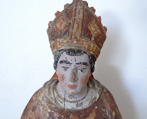 Statue of Saint Bishop Wood Carved Polychrome 17th Century