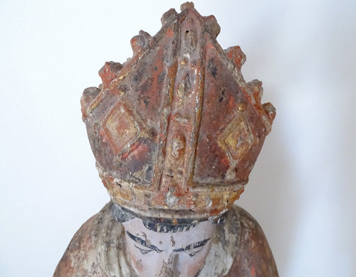 Statue of Saint Bishop Wood Carved Polychrome 17th Century