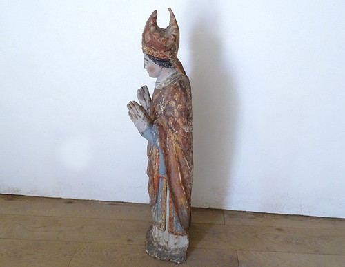 Statue of Saint Bishop Wood Carved Polychrome 17th Century