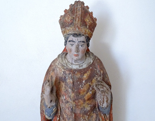 Statue of Saint Bishop Wood Carved Polychrome 17th Century