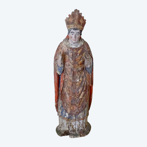 Statue of Saint Bishop Wood Carved Polychrome 17th Century