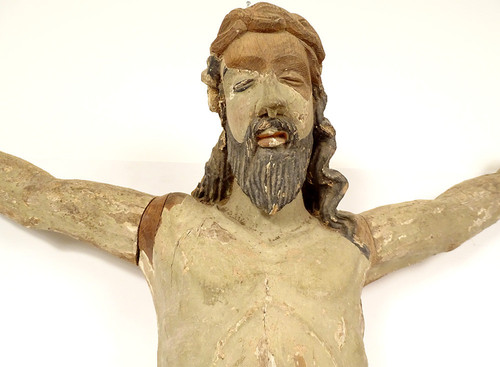 Grande Statue Christ Crucifix Croix Bois Polychrome Sculpté 94cm XVIIè