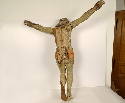 Grande Statue Christ Crucifix Croix Bois Polychrome Sculpté 94cm XVIIè