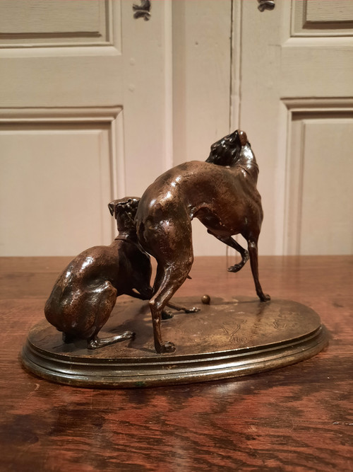 Bronze, die zwei Windhunde darstellt, signiert P.J. Mène.