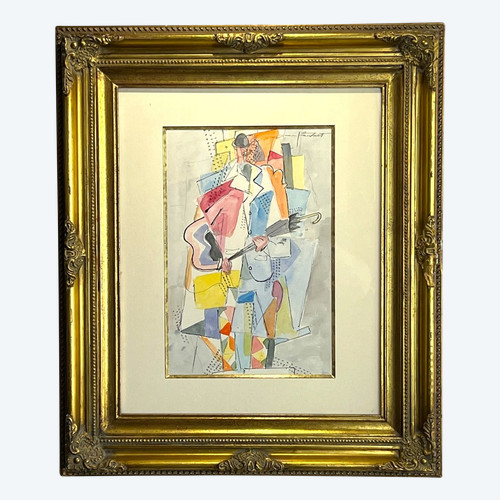 PAINTING / WATERCOLOR SIGNED BY "JEAN FAUBERT DE 1944" THE MAN WITH THE UMBRELLA