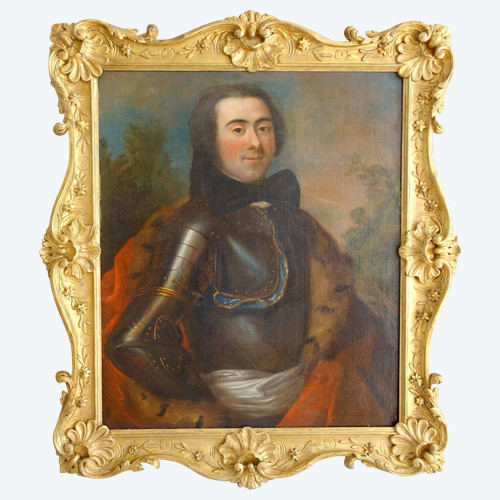 Portrait of an aristocratic officer, carved and gilded wood frame - Louis XV period 18th century