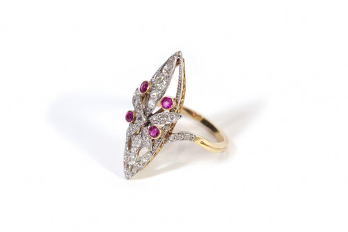 Ring Belle Époque Marquise Rubin Diamant in 18k Gold und Platin, Pendelring, Blumenring