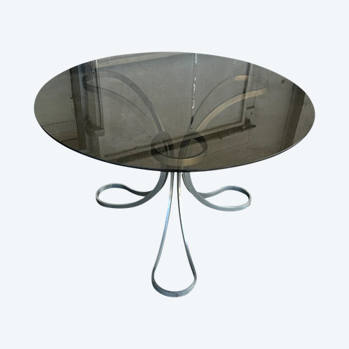 Space Age" Polished Steel And Smoked Glass Dining Table - Circa 1970