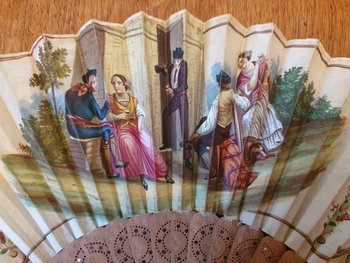 Fan, Party Scene, Oil On Silk, Wood Frame, Late 19th/early 20th century.