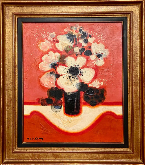 Frédéric Menguy (1927-2007), Oil on Canvas, 1970s, titled "Fleurs Blanches" (White Flowers).