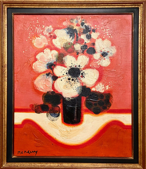 Frédéric Menguy (1927-2007), Oil on Canvas, 1970s, titled "Fleurs Blanches" (White Flowers).