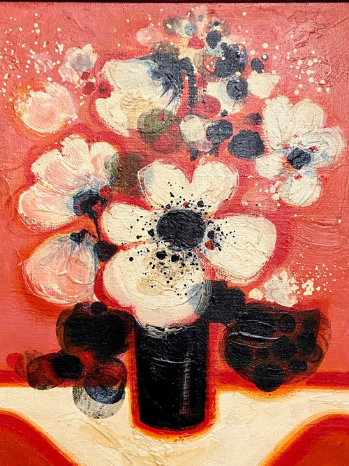 Frédéric Menguy (1927-2007), Oil on Canvas, 1970s, titled "Fleurs Blanches" (White Flowers).