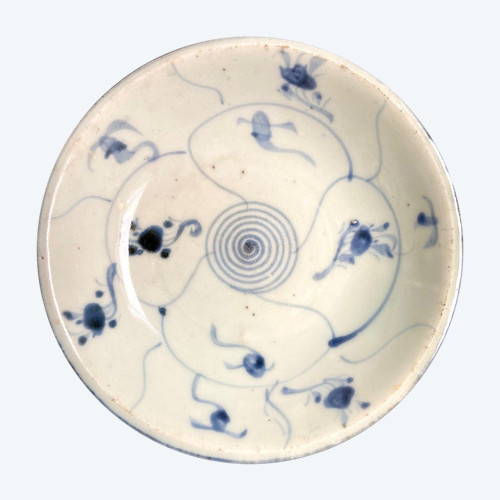 China, Second Half Of The 18th Century, Small Blue And White Floral Decor Porcelain Dish.