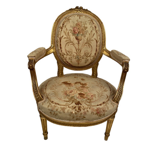 Louis XVI style giltwood armchair, late 19th or early 20th century