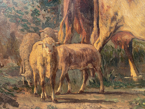 Andres Cortes (Spanish painter 1812-1879), landscape with cows and sheep. Oil on canvas 19th century