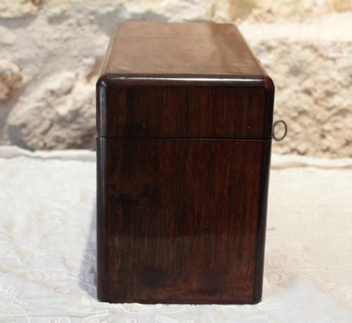 Travel tea box in veneer wood and its 3 original bottles, 19th century period