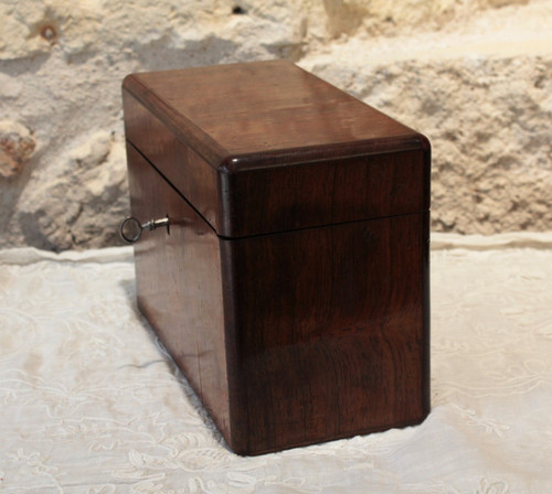 Travel tea box in veneer wood and its 3 original bottles, 19th century period