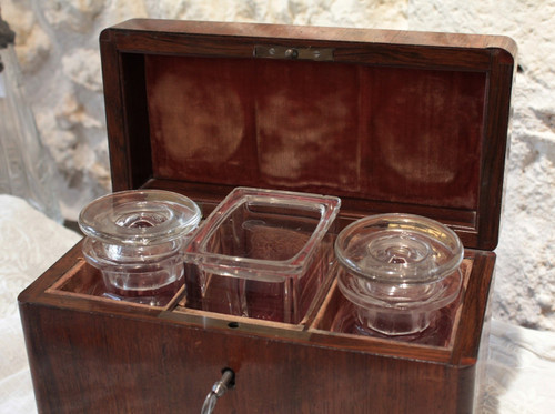 Travel tea box in veneer wood and its 3 original bottles, 19th century period