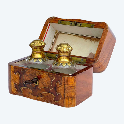 ANTIQUE MARQUETRY PERFUME BOX WITH ITS NAPOLEON III PERIOD BOTTLES