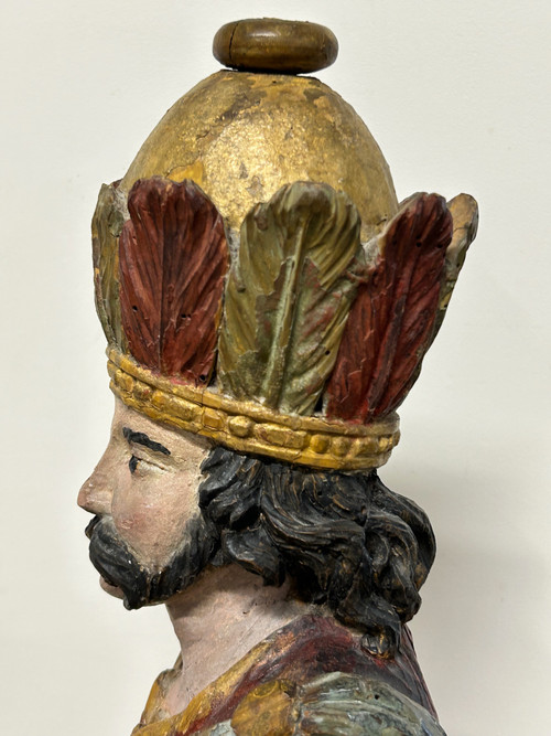 18th Century Polychrome Wooden Sculpture - Magi King - Religious Sculpture 