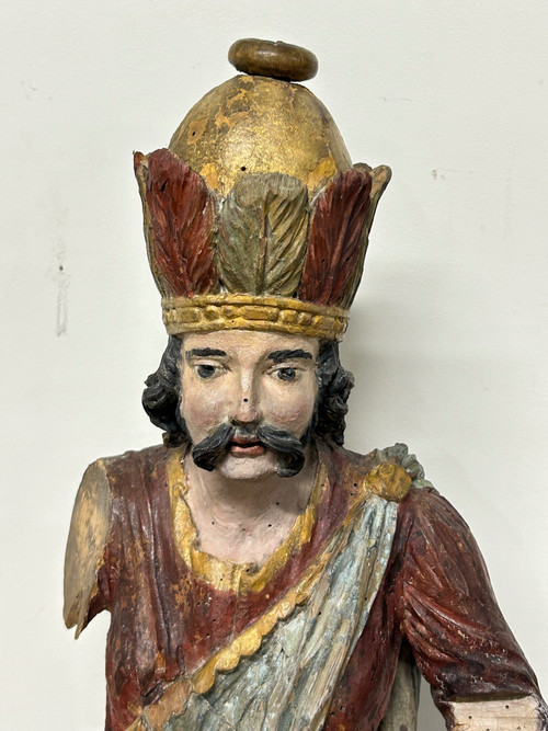 18th Century Polychrome Wooden Sculpture - Magi King - Religious Sculpture 