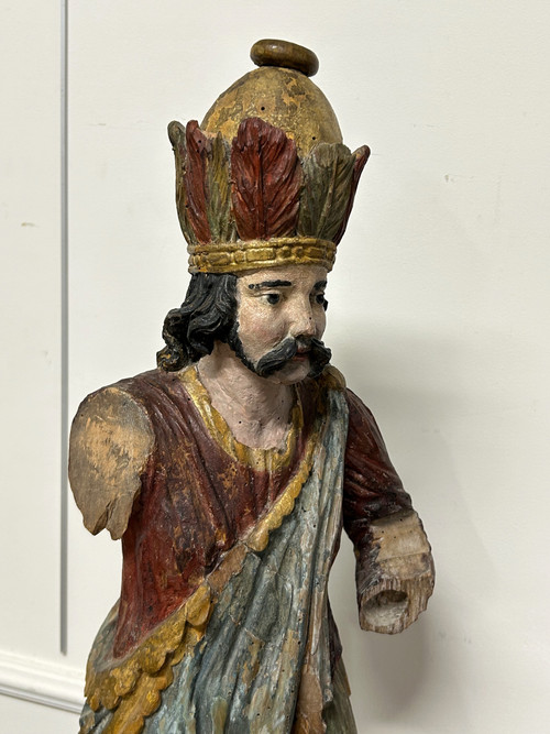 18th Century Polychrome Wooden Sculpture - Magi King - Religious Sculpture 