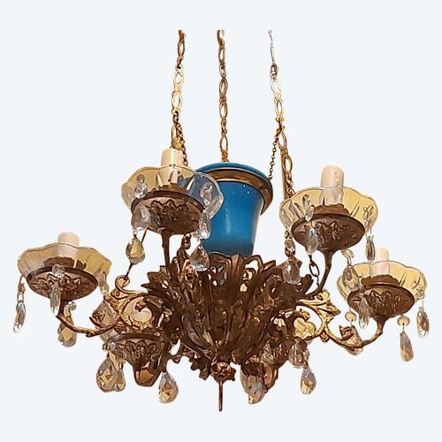 Brass alcove chandelier and blue opaline bowl