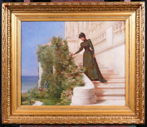 Jessie Marian ISAACS, Woman Picking a Rose in Front of a Castle, painting, New York, 1892