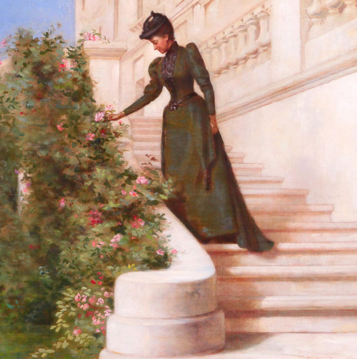 Jessie Marian ISAACS, Woman Picking a Rose in Front of a Castle, painting, New York, 1892