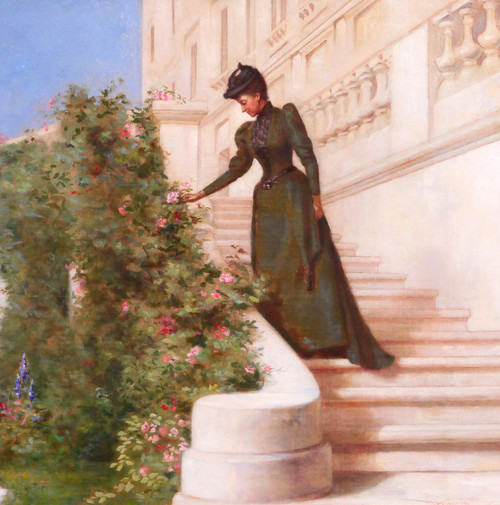 Jessie Marian ISAACS, Woman Picking a Rose in Front of a Castle, painting, New York, 1892